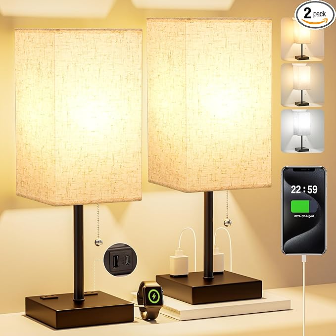 Table Lamps for Bedroom Set of 2 Nightstand - 17.4In Tall, 3 Color Bedside Lamps with AC Outlets and USB A & C for Charging, Square Night Stand light Lamp, End Table Lamp for Living Room/Dorm/Office