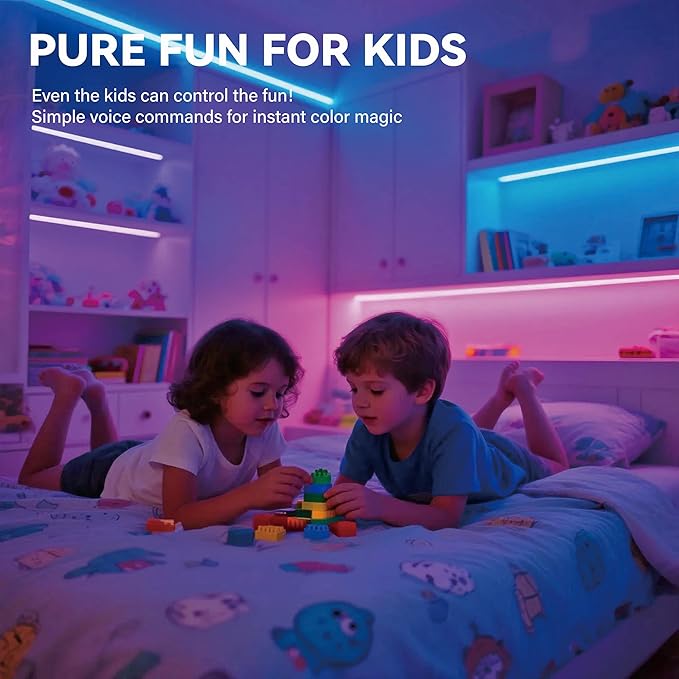 AI Voice Activated Led Lights Strip, Indoor Kids Bedroom Night Lighting RGB IC, Multiple Dimmable Color Changing Smart Lights, No App/No WiFi Required, Strong Adhesive Music Sync 16.4ft USB Powered