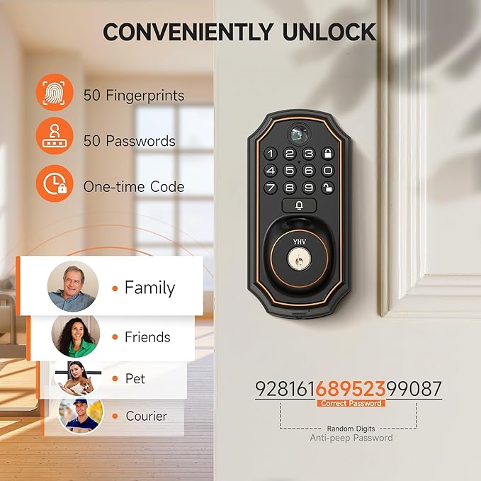 Smart Door Lock with Camera Fingerprint Keyless Entry Door Lock Electronic Deadbolt with Keypad Code, App Remote Control, Auto Unlock for Front Door