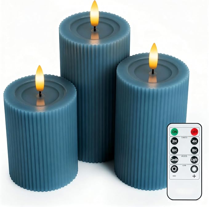 WYZworks Fluted Ribbed LED Pillar Candles, Blue, with Realistic Reflective Melted-Wax Effect – Flickering Flame, Remote, Dimmable, Flameless, Battery Operated, Home & Wedding Decor (Set of 3)