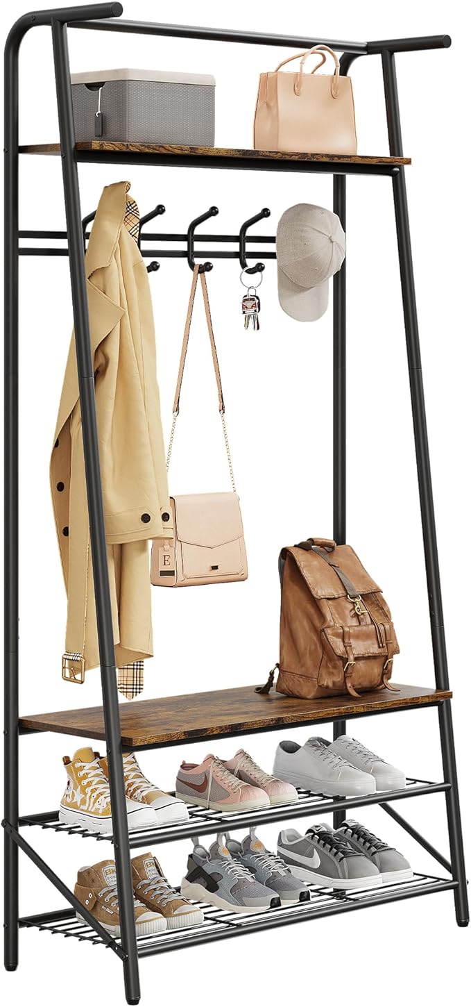 3-in-1 Hall Tree Coat Rack with Bench & Shoe Storage – Sturdy Metal Frame, 5 Hooks, Clothes Rail – Entryway Organizer for Hallway, Mudroom, Front Door – Black & Natural – 80 Single Row Hook