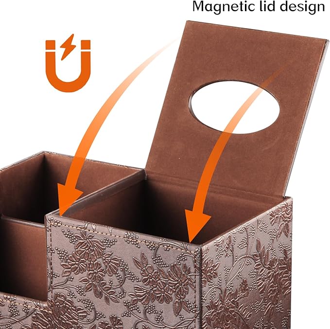 Fanousy Square Tissue Box Cover with Storage, PU Leather Cube Tissue Box Holder, Remote Control Nightstand Organizer, Modern Desk Caddy for End Table, Bathroom, Bedroom, Home, Office Decor