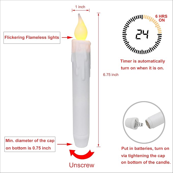 CVHOMEDECO. Flickering Taper Candles LED Drip Flameless Candles, Battery Operated with Timer, White, 6-3/4 Inch, Set of 4
