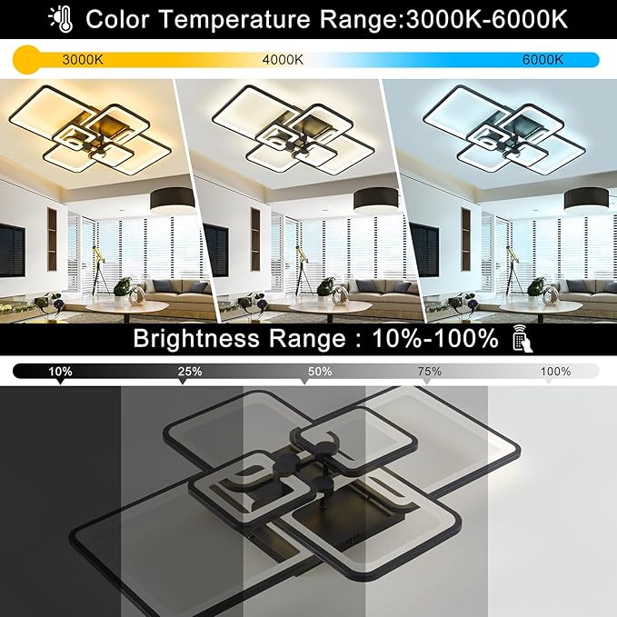 Modern LED Ceiling Light,6 Square Acrylic Black Modern Lighting Fixture Ceiling Lights for Living Room,Dimmable Lamp with Remote for Dining Room, Flush Mount Bedroom Light Fixture