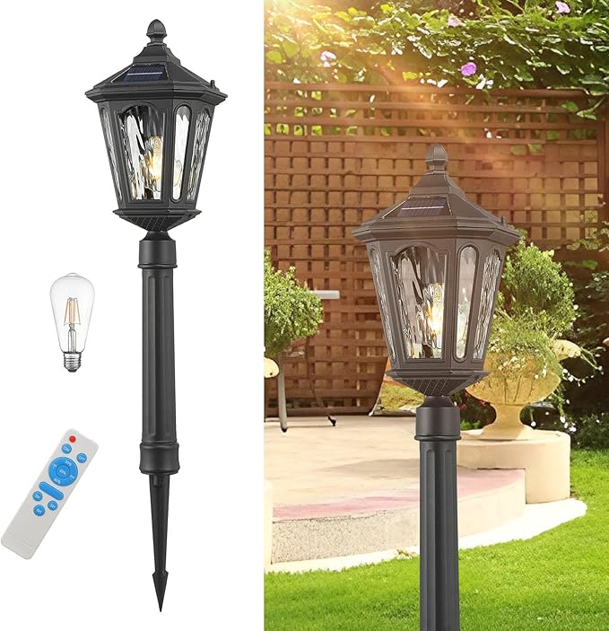 LED Solar Post Lights, Outdoor Waterproof Solar Pathway Lights Exterior Auto On/Off Garden Pole Stake Lighting Outside Dusk to Dawn Lamp for Lawn Path Walkway, Ground Plug, Remote Control