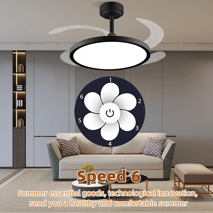 BAYSQUIRREL Slim Retractable Ceiling Fan with Lights and Remote/APP Control,6 Speed Dimmable Reversible Memory Ceiling Fan,42 inch Modern Silent Smart Ceiling Fans for Bedroom Living Room Dinning Room