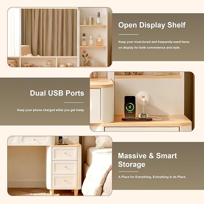 Vanity Desk with Mirror and Lights, Makeup Vanity with 2 USB Power Strip, Foldable Three-Sided Mirror, Adjustable Brightness, Small Vanity Table with Drawers and Storage Chest,White