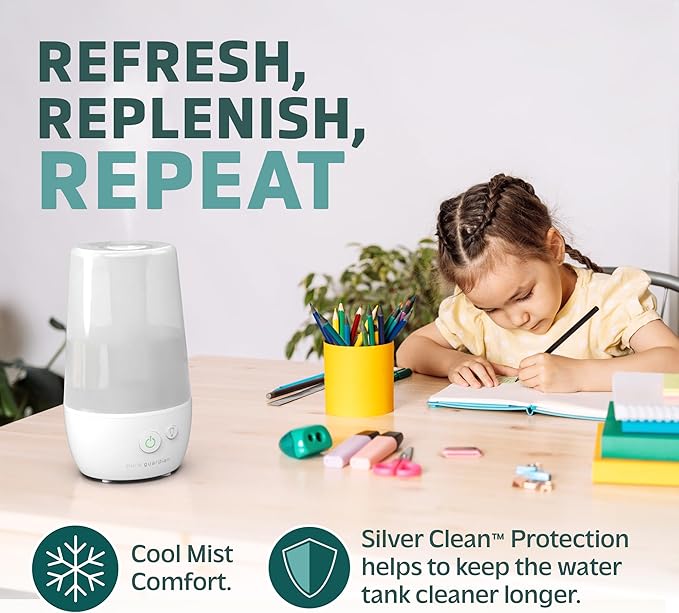 PureGuardian 1-Gallon Ultrasonic Cool Mist Humidifier with Aroma Tray, 70-Hour Run Time, 320 Sq. Ft. Coverage, Filter Free, Silver Clean Treated Tank, for Home, Bedroom, Office, H965WC