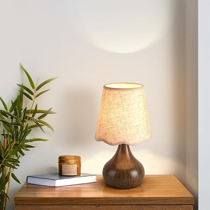 Wood Grain Small Table Lamp Touch Control, Farmhouse Bedroom Lamps for Bedside Nightstand, Vintage Small Table Lamps for Small Spaces for Kitchen Counter, Home Office, Kids Dorm, Bookshelf