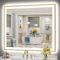 48x40 Gold LED Bathroom Mirror with Lights, Brushed Gold Framed Backlit and Front Lit Anti-Fog Lighted Vanity Mirrors for Bathroom Wall, Dimmable, 3 Colors, Memory, HD Tempered Glass, CRI＞90