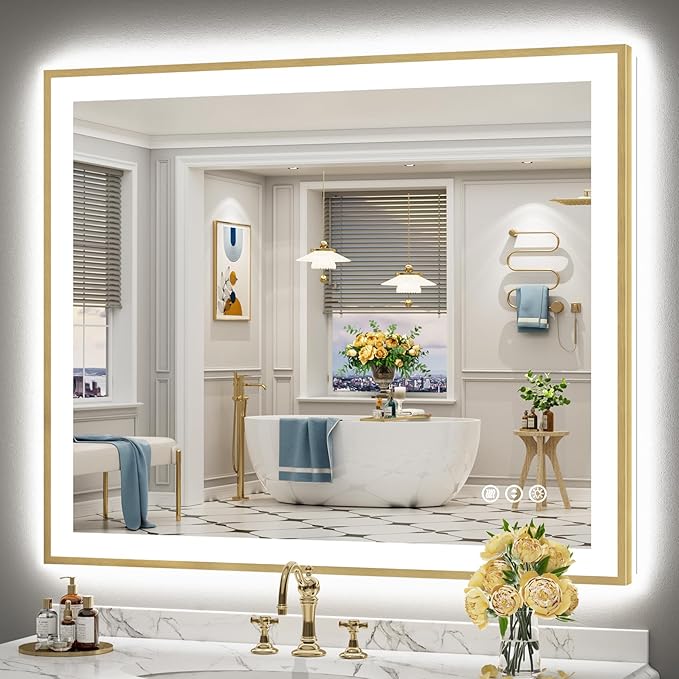 48x40 Gold LED Bathroom Mirror with Lights, Brushed Gold Framed Backlit and Front Lit Anti-Fog Lighted Vanity Mirrors for Bathroom Wall, Dimmable, 3 Colors, Memory, HD Tempered Glass, CRI＞90