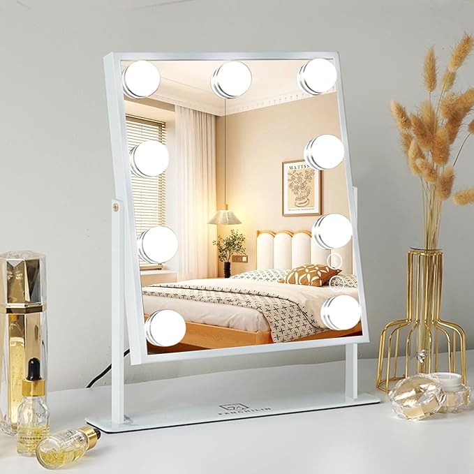 FENCHILIN White Hollywood Vanity Mirror with Lights 9 Dimmable Bulbs Makeup Mirror with Smart Touch Control for Glam Room Bedroom Detachable 10X Magnification Rotation White