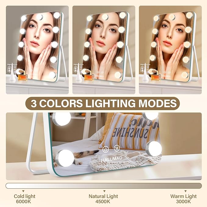 Vanity Mirror with Lights, Rechargeable Makeup Mirror, 14.6" Lighted Makeup Mirror for Dressing Room & Bedroom，Memory Function