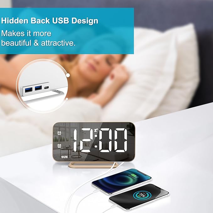 JALL Slim LED Digital Alarm Clock, Mirror Surface for Makeup, with Diming, Large Display, Easy Setting, USB Ports, Modern Decor for Bedroom, Desk, Idea for Women, Sister, College Girl, Black