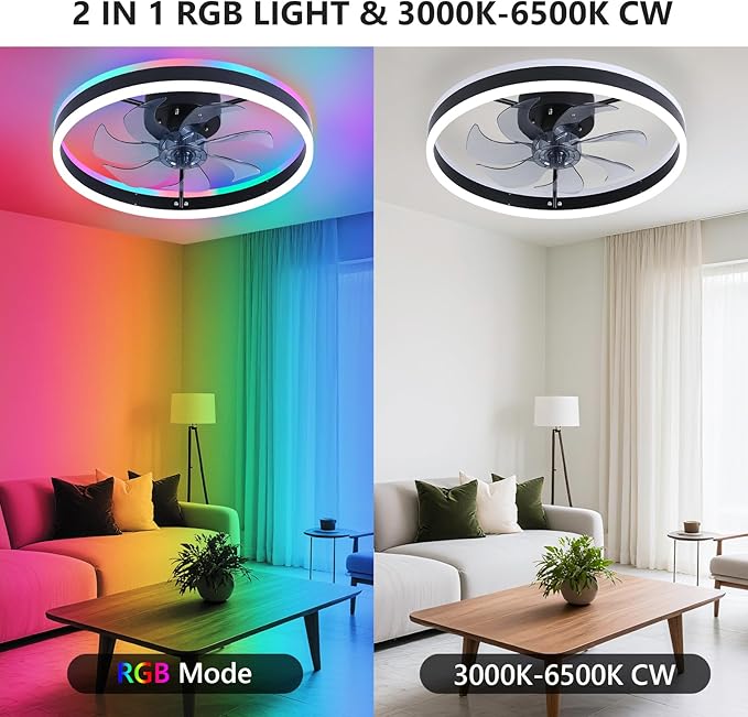 RGB Ceiling Fans with Lights, 19.7" Smart Low Profile Ceiling Fan, Modern Flush Mount Fandelier Light with Remote/APP Control, Dimmable Led Ceiling Fan Light for Living Room, Bedroom, Indoor