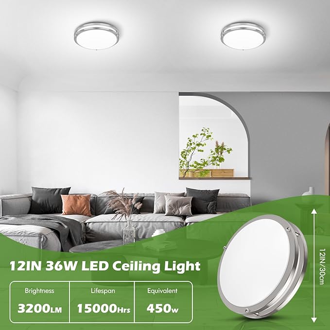 2-Pack 36W LED Ceiling Light Fixture (450W Equiv), 12IN Modern Flush Mount Ceiling Lights, Dimmable Ceiling Lamps Super Bright 3200LM, 3000K/4000K/5000K Adjustable for Bedroom Kitchen Bathroom Hallway