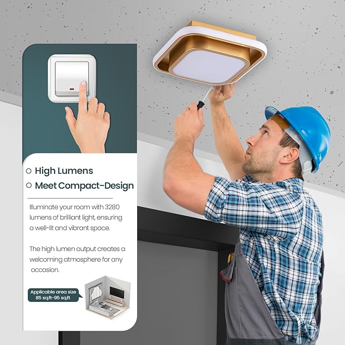 Hallway Light Modern LED Ceiling Light Fixture Square 6000K Close to Ceiling Light Gold Flush Mount Ceiling Lights for Kitchen Bedroom Balcony Bathroom