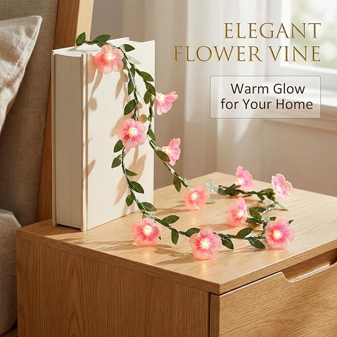 Cherry Blossom Decor Flower String Lights Vines with Fairy Lights Christmas, 30 LED Copper with Remote Control Battery Operated Pink Flower Garland Leaf for Locker,Bedroom, Wall,Christmas Decorations