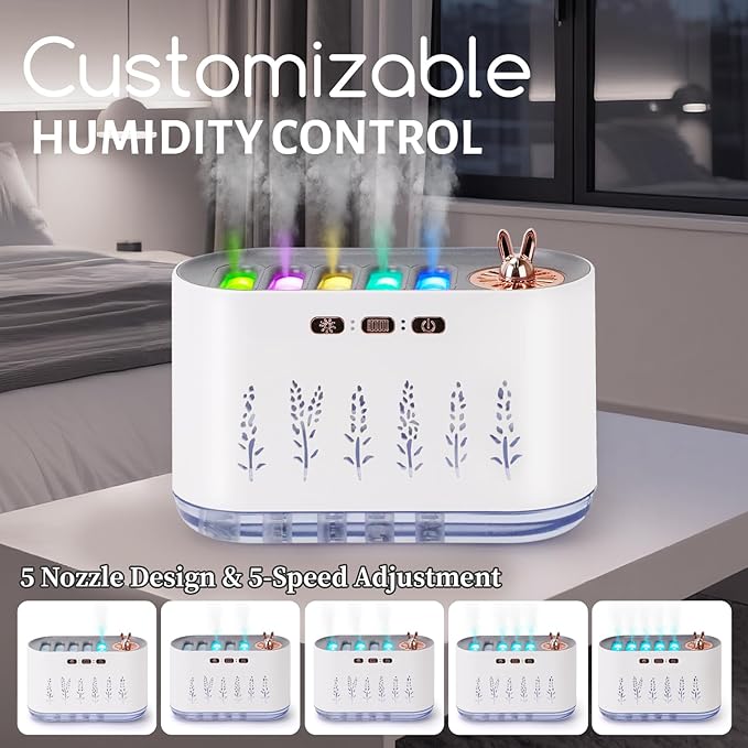 5 Nozzle Music Sync Humidifier Diffuser, RGB LED Light Show with 22 Colors & Voice Activated Mode, 700ml Cool Mist Aroma Essential Oil Diffuser for Home, Bedroom, Office, Yoga (White) (White)