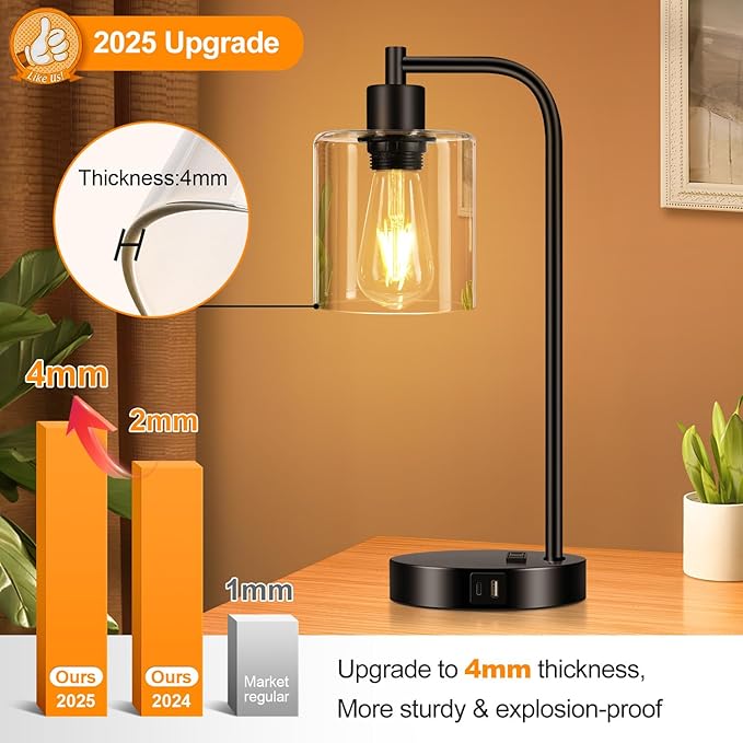 Set of 2 Industrial Touch Control Table Lamps with USB C+A Ports and AC Outlet - 3-Way Dimmable Black Bedside Lamps Nightstand Desk Lamps for Bedroom Living Room, Glass Shade & 2 LED Bulbs Included