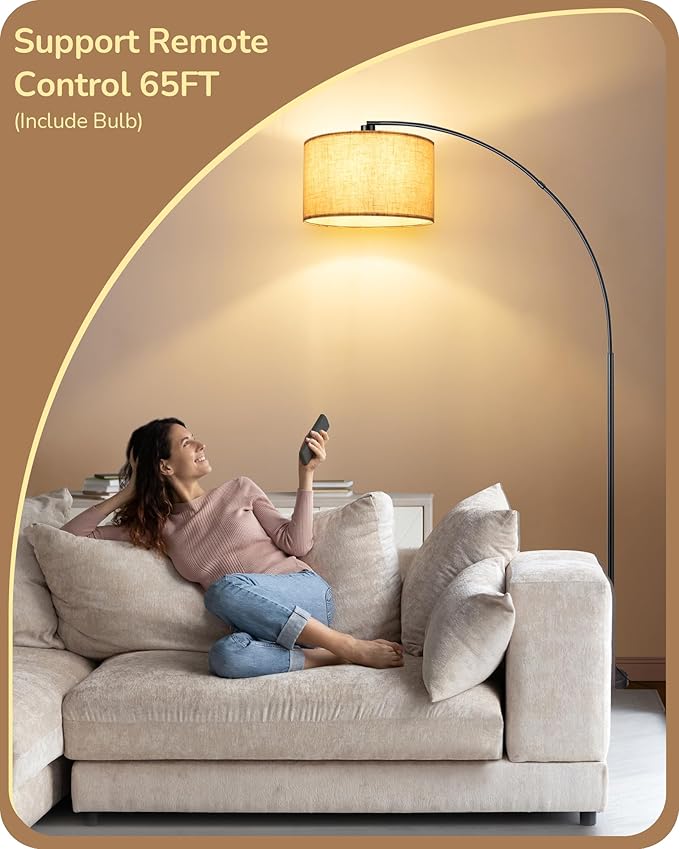 EDISHINE 78.3″ Modern Arc Floor Lamp with Remote, Tall Black Standing Lamp with Stepless Dimmable Bulb & 5 Color Temperature, Curved Mid Century Floor Lamps for Living Room, Bedroom, Nursey