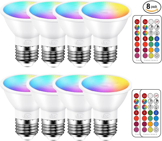 ILC Par16 LED Light Bulbs 40 Watt Equivalent Color Changing E26 Screw Beam Angel 45°, 12 Colors Dimmable Warm White 2700K RGB LED Spot Light Bulb with 5W Remote Control,(Pack of 8)