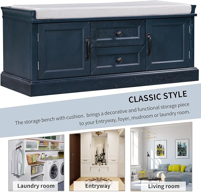 GDFStudio Rustic Storage Bench with 4 Doors 2 Draws Adjustable Shelves Removable Cushion Rectangular Cabinet Foot Rest Stool Solid Wood Shoe Bench Seating for Entryway Living Room, Antique Navy