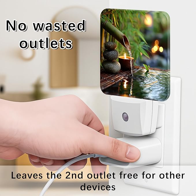 Bamboo Night Lights Plug Into Wall, Zen Natural Stones Water None Green Smart Outlet Plug in Led Night Light Lamp for Living Room Family Room Bedroom Decor 1pcs
