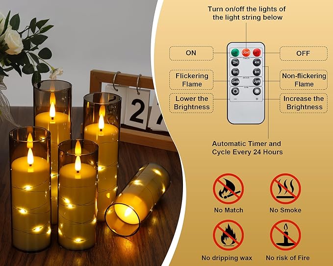 Enido Flameless LED Candles with Remote & Timer, Battery Operated Acrylic Pillar Set, 10 Pc Flickering Electric Lights with Embedded Star String for Cozy Home & Holiday Romantic Decor (Matte Grey)