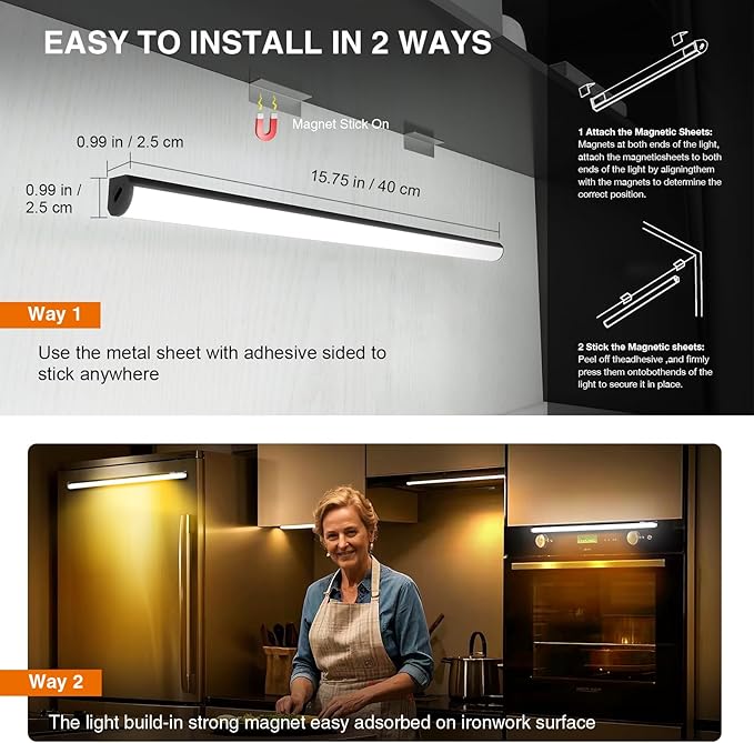 Under Cabinet Lighting Wireless with Remote,Rechargeable Battery Operated Closet Lights,3 Color Magnetic Dimmable led Strip Lights,Under Counter Lights for Kitchen,Shelf,Bedroom (Black, 40cm)