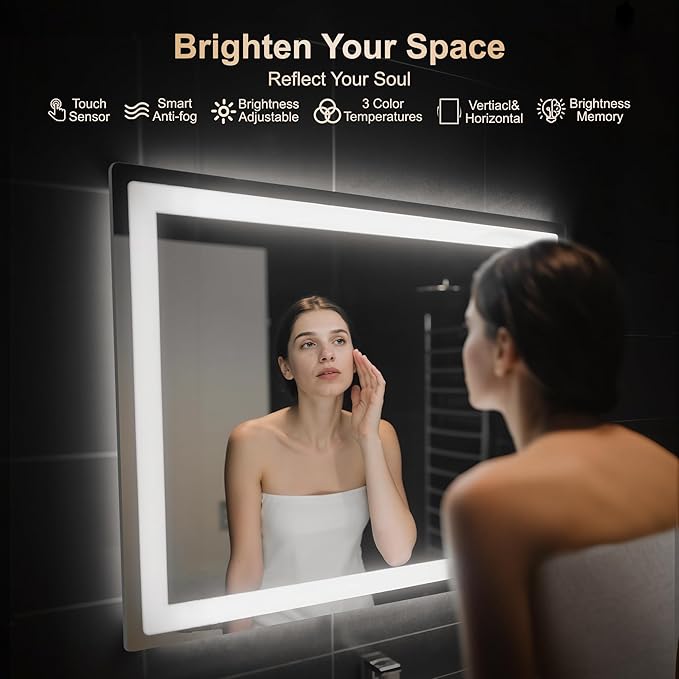 Delma LED Bathroom Mirror with Lights, 30x40 Vanity Mirror for Bathroom Wall, Anti-Fog, Dimmable, Front Lit & Backlit, Memory Function, Shatterproof Tempered Glass, 3 Color Modes(Horizontal/Vertical)