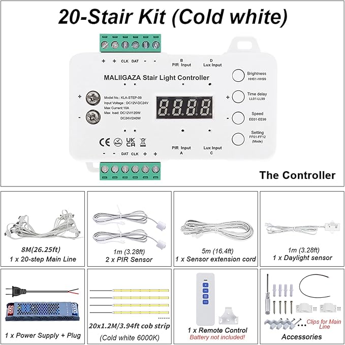 Intelligent Motion Sensor LED Stair Light Kit with Main Wire& Daylight Sensor, Step by Step Control 47.2 Inches Cuttable LED Strip Lights Indoor with Remote (20 Stairs,6000K)