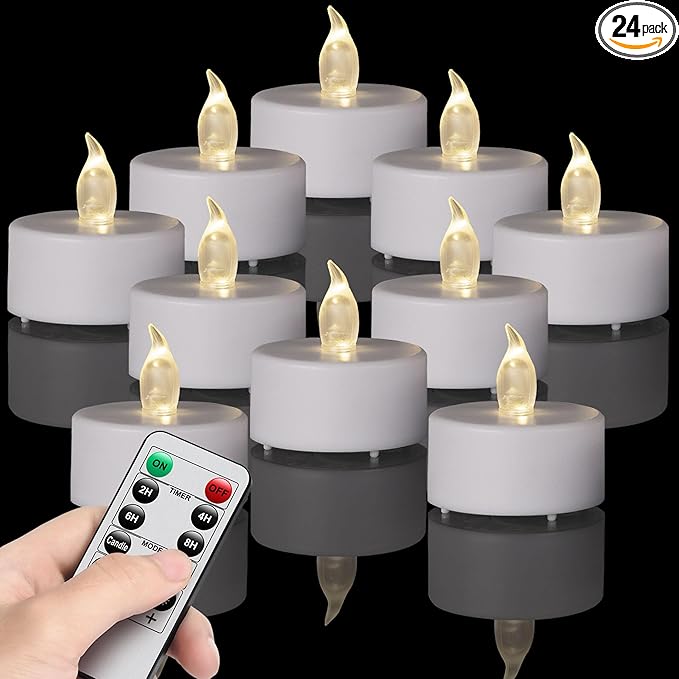 LED Tea Light Flameless Candles with Remote Control Flickering Tealight Long Lasting, Battery Operated with Timer for Halloween Home Decoration Seasonal &Festival Celebration WarmWhite (24pcs)