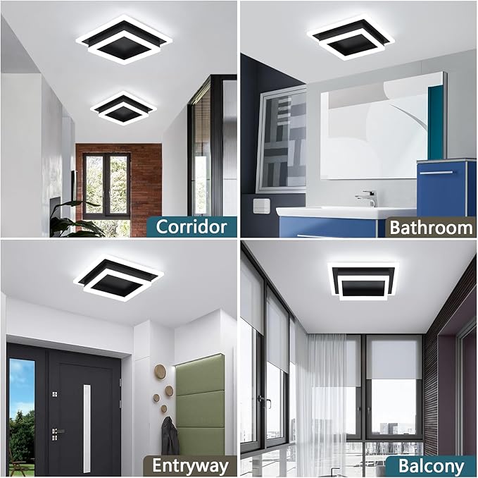 Modern LED Ceiling Light, Hallway Flush Mount Ceiling Light, 32W, 6000K, Black Square Hallway Lighting Fixtures for Living Room Kitchen Bedroom (Black)