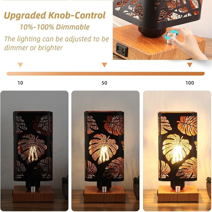 Industrial Table Lamp with USB Ports and Outlet, Rustic Dimmable Bedside lamp with Charging Station, Metal Square Shadow Nightstand Lamp, Night Light for Kids Bedroom Living Room End Tables