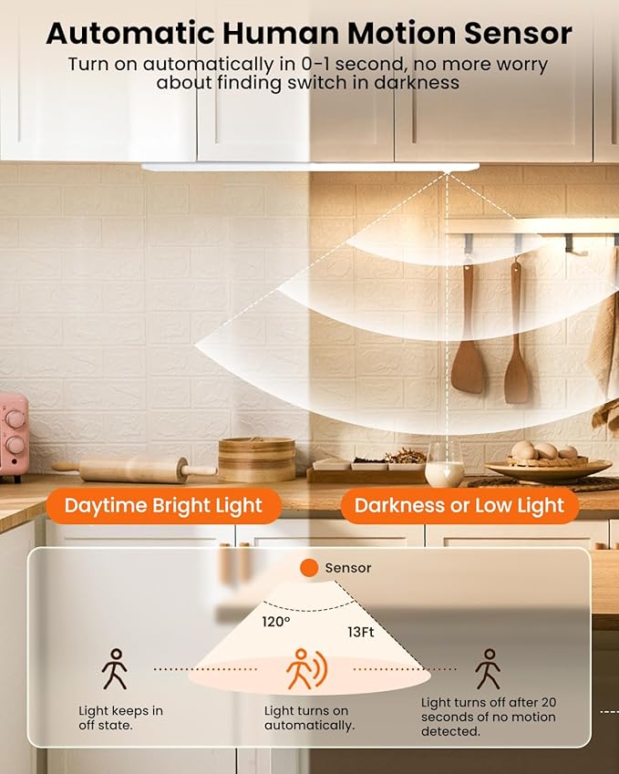 8 Inch Under Cabinet Lights, Upgraded 41 LED Rechargeable Magnetic Motion Sensor Light Indoor, Brightness Dimmable 6500K Stepless Dimming Closet Light, for Under Counter, Kitchen, Closet, 2 Packs