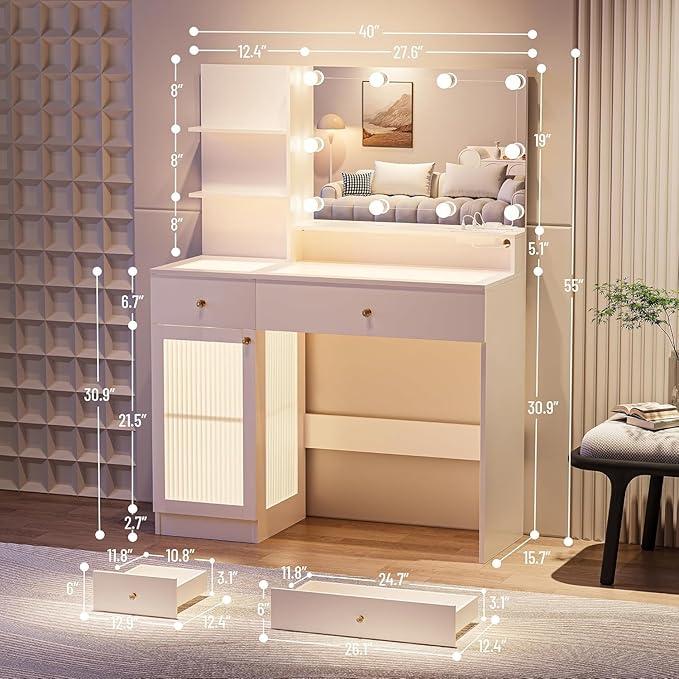 Vanity Desk with Mirror and Lights, Sleek Glass Top Makeup Vanity Set with Power Outlet, Drawers and Cabinet, 3 Adjustable Lighting Modes Dressing Table for Bedroom