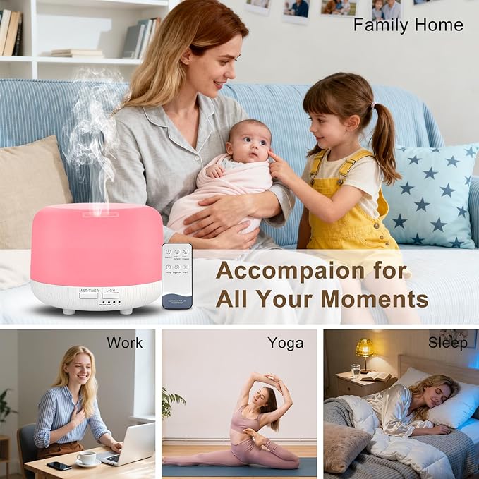 Aromatherapy Diffuser, 300ML Remote Control Essential Oil Diffusers, White Wood Grain Humidifier with 8 Colors Light 4 Timer Mode, Ultrasonic Scent Diffuser for Home, Office