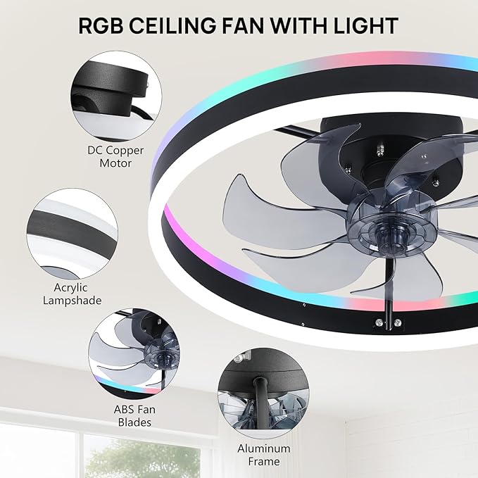 16 Inch RGB Low Profile Ceiling Fans with Lights, Modern Flush Mount Fandelier Chandelier Fixture, Remote & APP Control, Black LED Ceiling Fan Light for Bedroom, Living Room, Kitchen Indoor