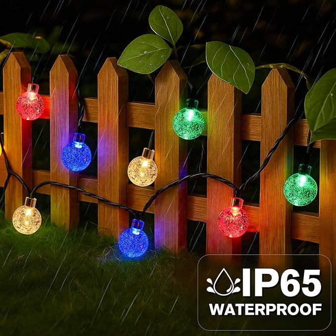 Metaku Solar String Lights for Outside, 20FT 30 LED Crystal Globe String Lights, Solar Powered Outdoor Light with 8 Lighting Modes, Patio Hanging Lights for Garden, Camping and Party Décor Multicolor
