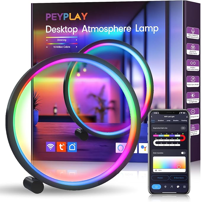 Smart LED Table Lamp, RGB+IC Lighting, Color Changing Night Light, Music Sync, DIY Mode, Stepless Dimming, App & Voice Control (2.4GHz WiFi), Works with Alexa & Google, for Bedroom & Gaming
