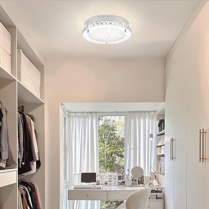 Crystal Flush Mount Ceiling Light 18W LED Dimmable Modern Ceiling Light for Bedroom, Closet, Foyer, Hallway, Dia 11 Inch, 3 Color Change