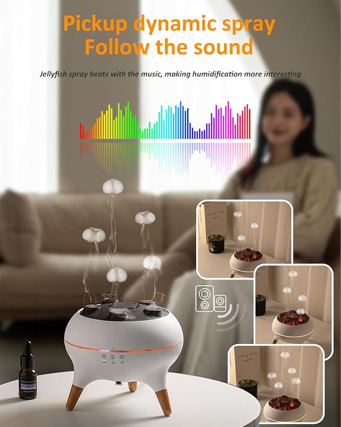 Jellyfish Diffuser Humidifier with Music Rhythm Mist, 250ml Cool Mist Ultrasonic Aromatherapy Humidifier with 7 LED Colors, Remote Control & Timer for Desk, Bedroom, Nursery