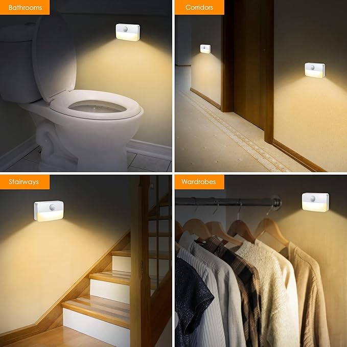 【6 Pack】Motion Sensor Night Light, Stick-On Motion Sensor Lights Indoor, Battery Powered Under Cabinet Kitchen Lights with Adhesive Pads, Auto/On/Off for Cupboard Wardrobe Stair Kitchen Warm White