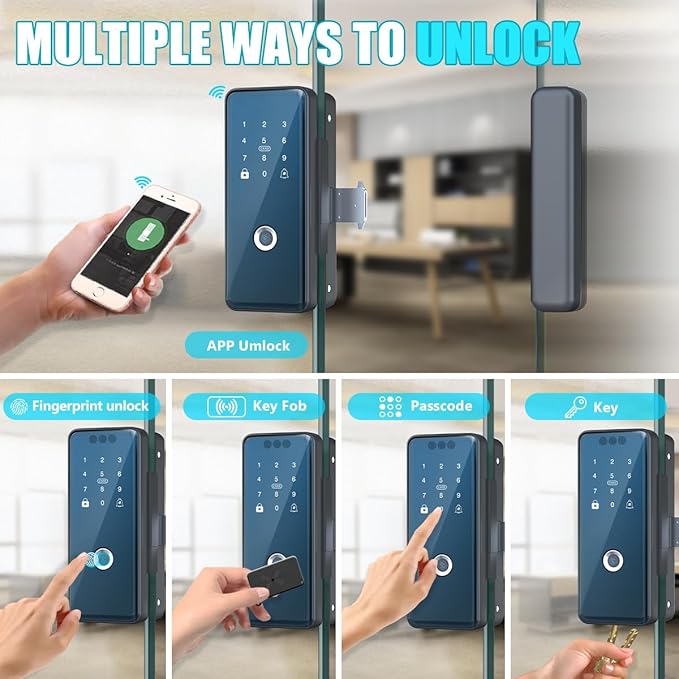 Sliding Swing Door Smart Lock for Glass Door Keyless Entry Digital Door Locks, Fingerprint/APP/Password/Card/Key Five in One WiFi Lock for Office,Home,Hotel,Apartment