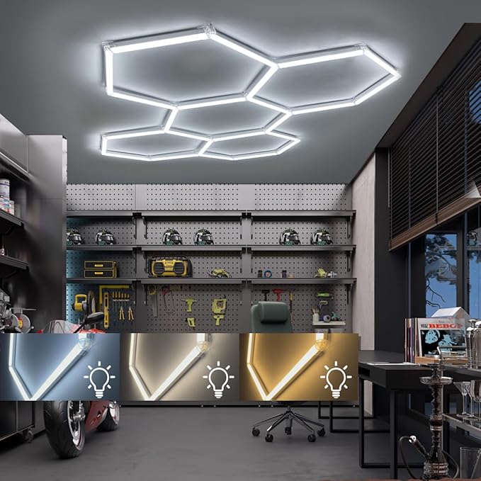 Hexagon LED Lights: 3 Colors 3000K 4000k 6500K 5 Honeycomb Hexagon Garage Lights Super Bright Car Detailing Ceiling LED Shop Light for Warehouse Workshop Gym Basement (5 hex 3 Colors)
