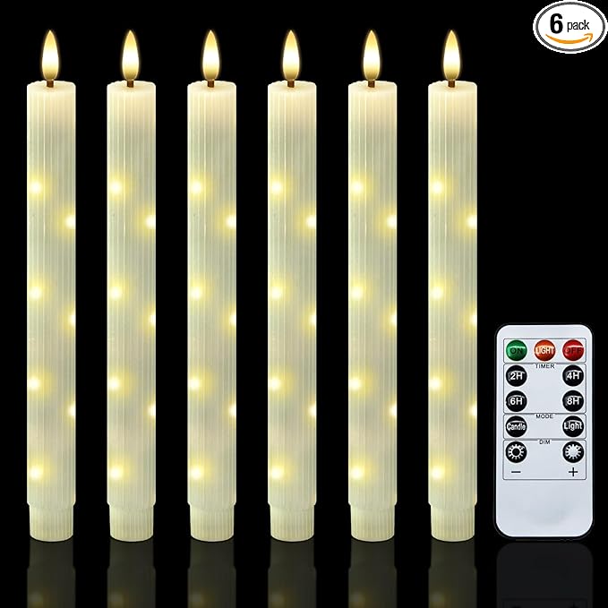 uuffoo 6 Pack Flameless Taper Candles with Remote Timer, Flickering Taper Candles Battery Operated Real Wax LED Fake Candles for Indoor Outdoor Home Wedding Fireplace Decor (Ivory, 0.9 X 9.6 Inch)