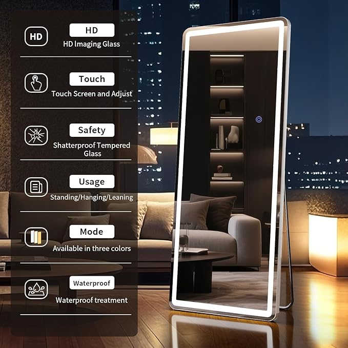 60"x16" LED Full Length Mirror – Standing Floor Mirror with Dimmable Lights 3 Color Modes – Adjustable Brightness, Wall-Mount or Lean for Barber, Fitness Center, Dressing Room, Vanity