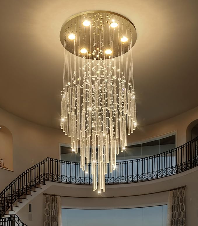 W20 x H40 Crystal Glam Chandelier Long Light Chandeliers with Dimmable Light Bulbs High Ceiling Light Fixtures for Foyer Entryway Living Room Stair Gold