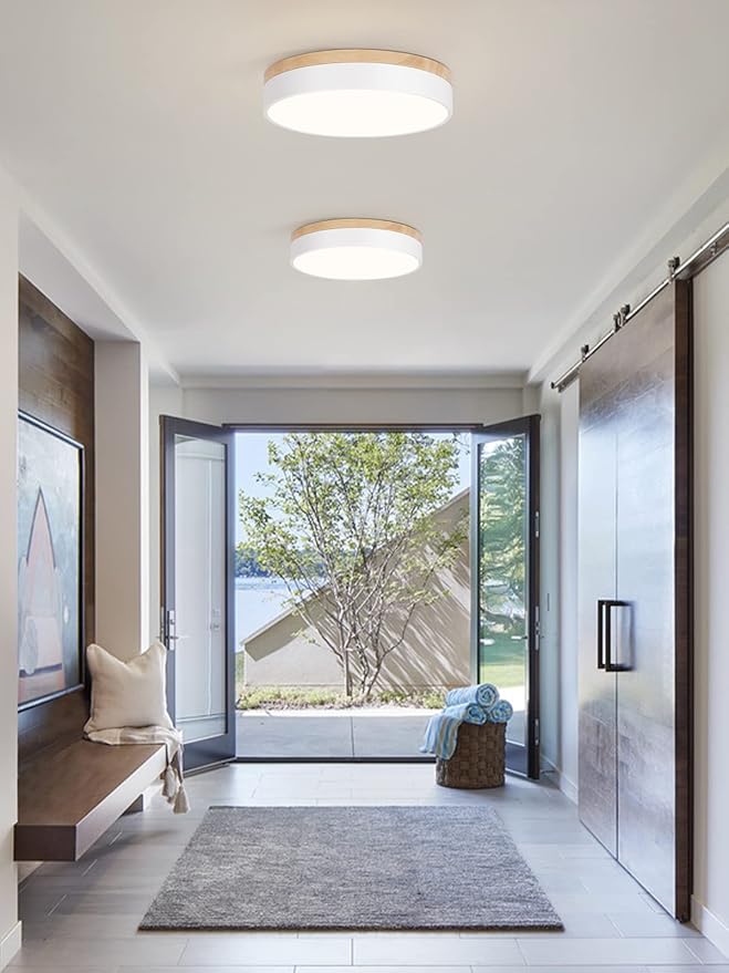 Dimmable Wood Ceiling Light Fixture 2700K-6000K 5CCT Modern White LED Flush Mount Ceiling Light Minimalist Circle Close to Lighting Fixture for Bedroom Kitchen Bathroom Laundry Room 11.81 Inch